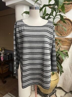 LOFT Gray and Black Striped Boatneck Long Sleeve Top
